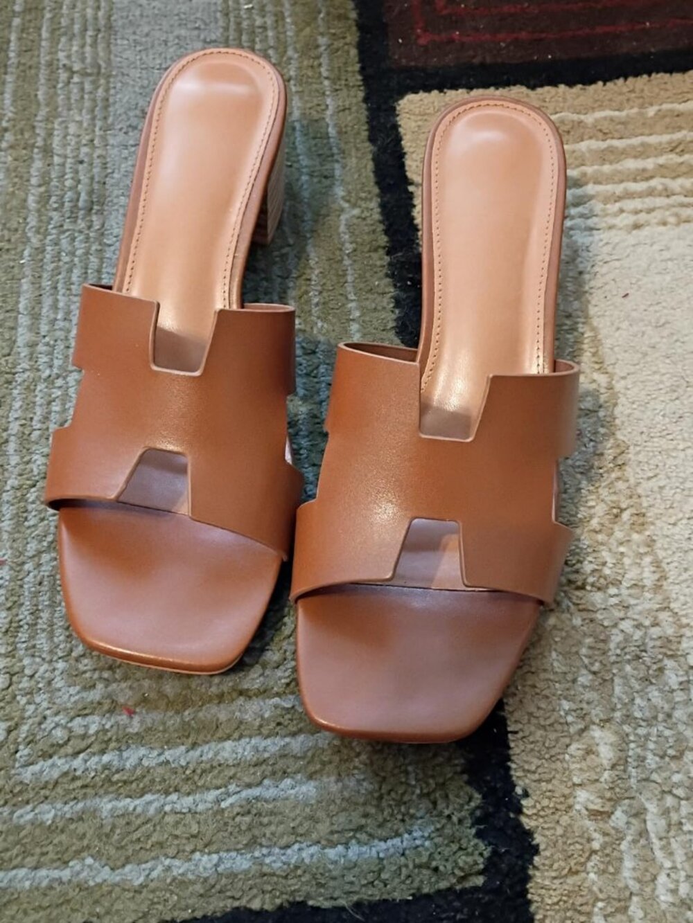 Women's Brown Square Open Toe Mule Slip On Slides Casual Sandals Heels